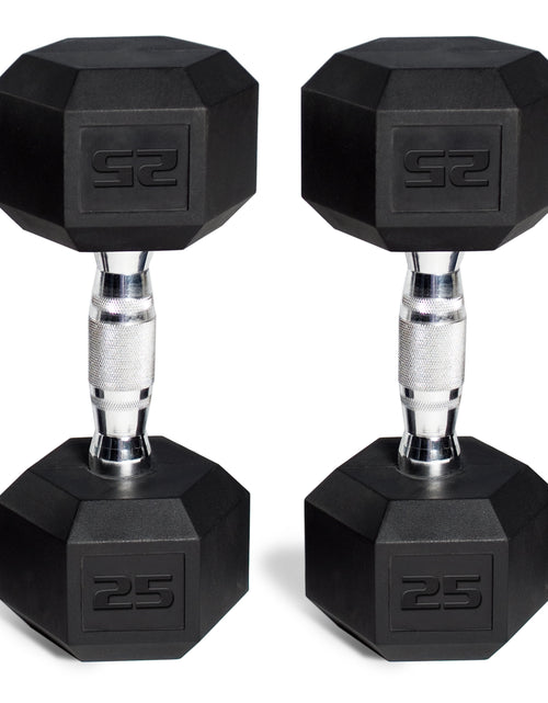 Load image into Gallery viewer, 150 Lb. Coated Hex Dumbbell Weight Set, 5-25 Lb. with White Rack
