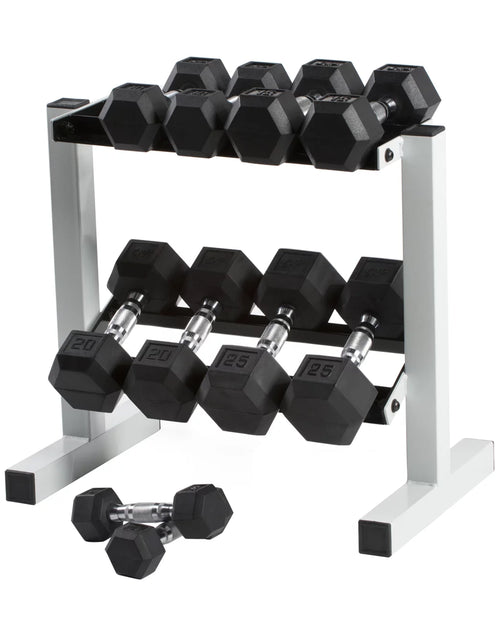 Load image into Gallery viewer, 150 Lb. Coated Hex Dumbbell Weight Set, 5-25 Lb. with White Rack
