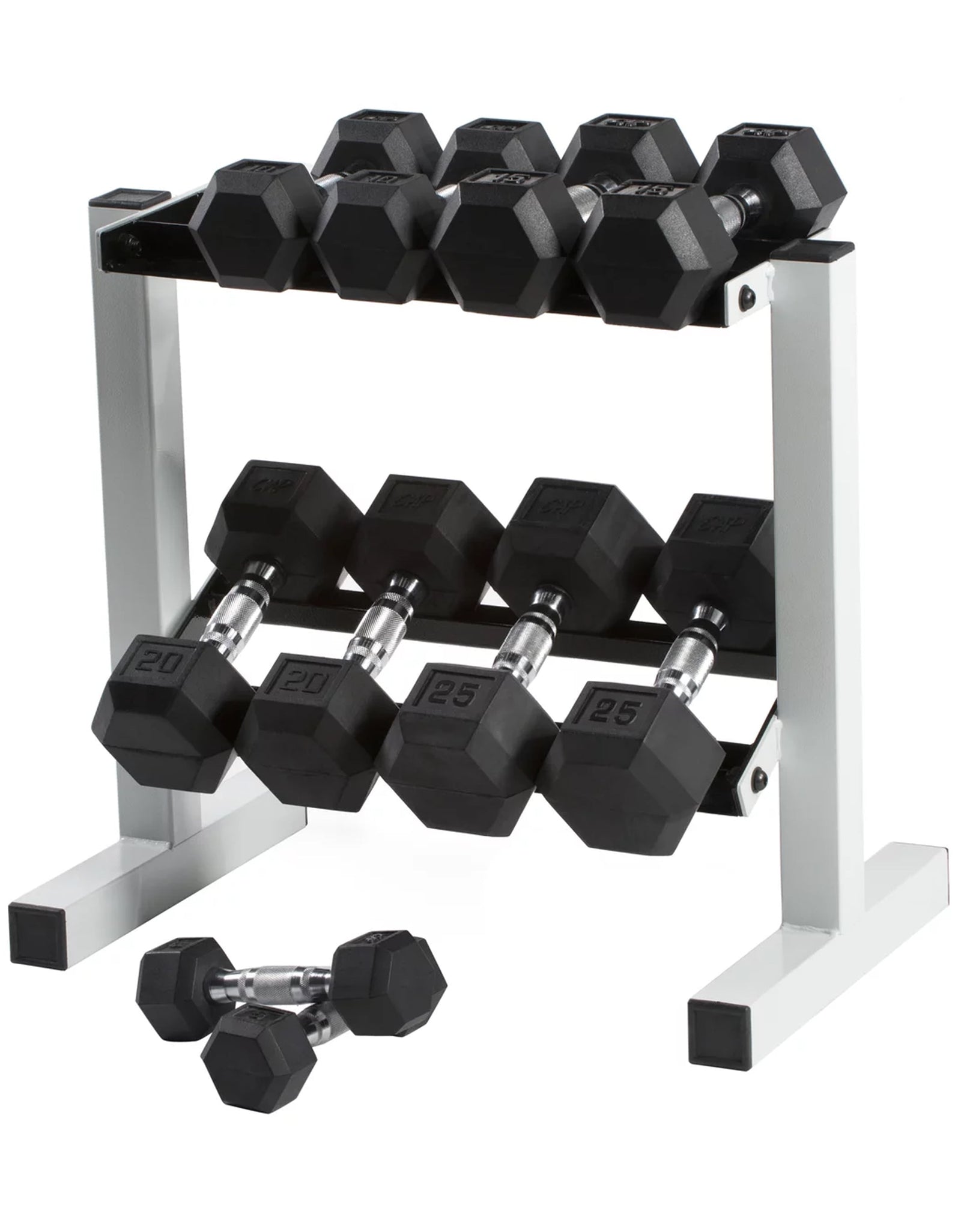 150 Lb. Coated Hex Dumbbell Weight Set, 5-25 Lb. with White Rack