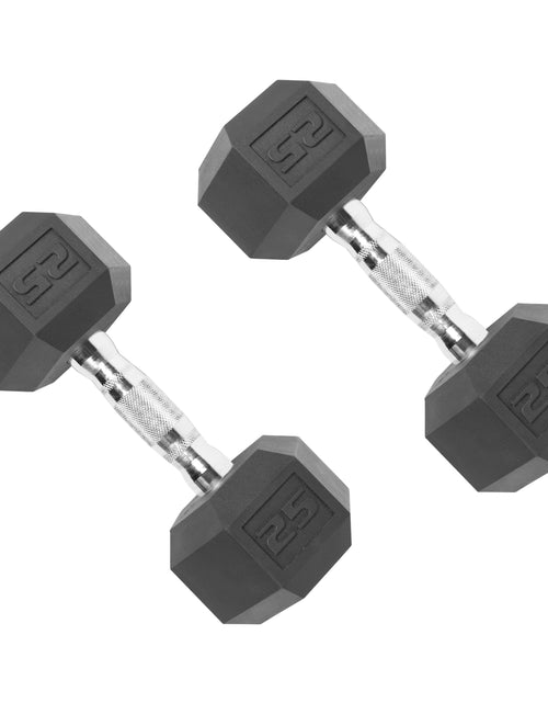 Load image into Gallery viewer, 150 Lb. Coated Hex Dumbbell Weight Set, 5-25 Lb. with White Rack
