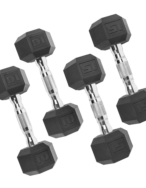 Load image into Gallery viewer, 150 Lb. Coated Hex Dumbbell Weight Set, 5-25 Lb. with White Rack
